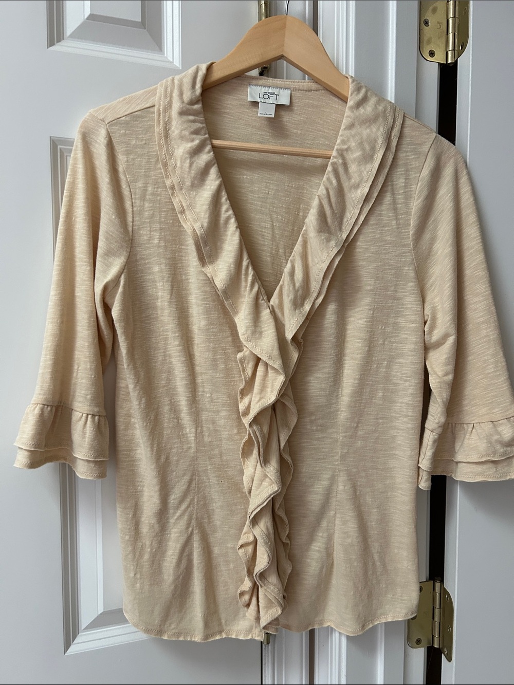 LOFT Cream Ruffle-Front V-Neck Blouse